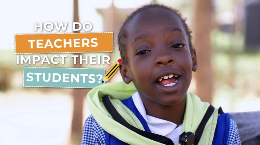 A young Black girl with her hair in cornrows speaks next to graphics that read "How Do Teachers Impact Their Students?"
